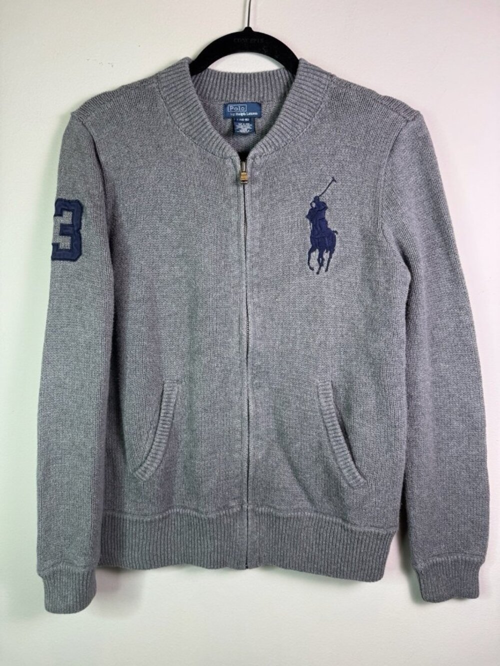 Polo By Ralph Lauren Kids Boys Big Pony #3 Grey Zip Sweater Large (14-16)
